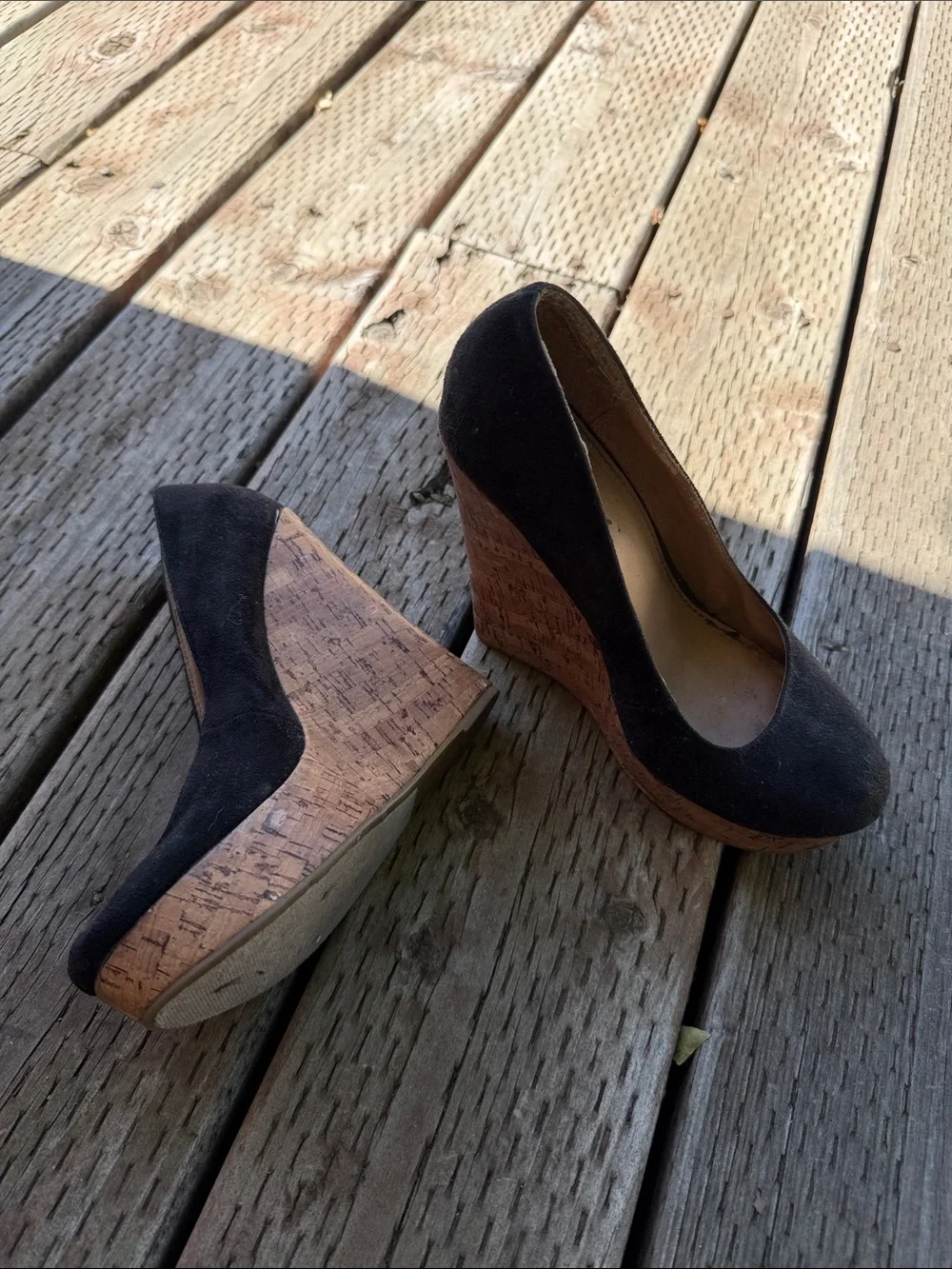 Black Suede Cork Wedge Pumps